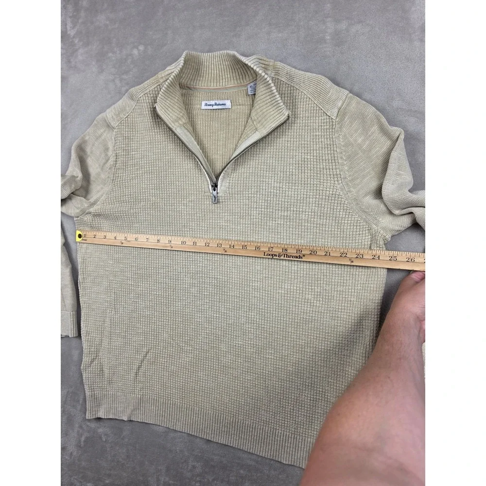 Tommy Bahama Sweater Mens XL Beige Quarter Zip Waffle Knit Cotton Pullover